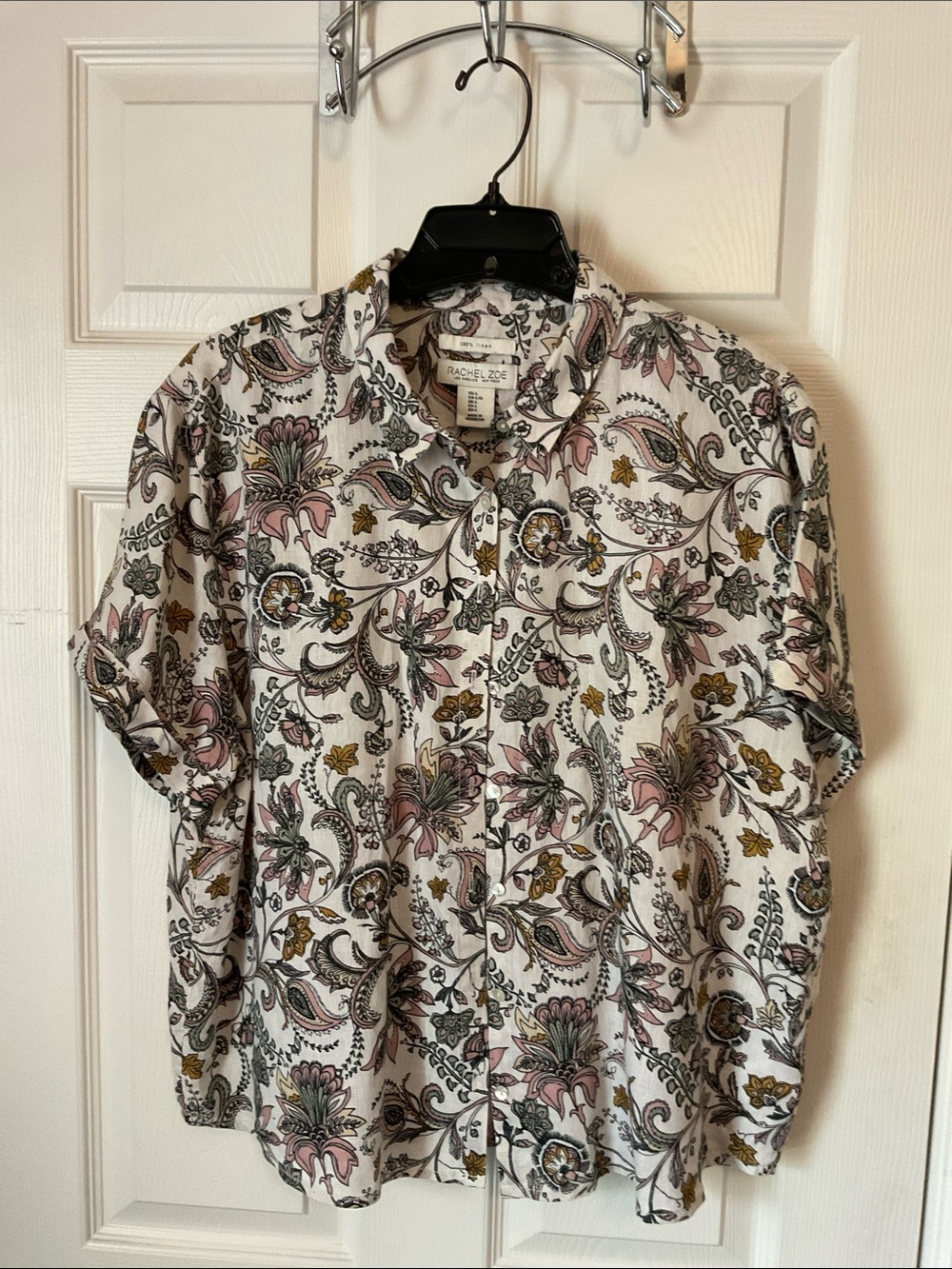Rachel and Zoe 100% Linen Women’Floral Paisley Short Sleeve Shirt Size Large